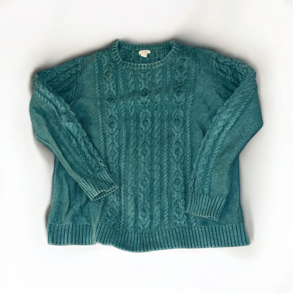 LL Bean Vintage Cable Knit Sweater Teal Cotton XL Fisherman Crewneck 90s - Picture 4 of 10